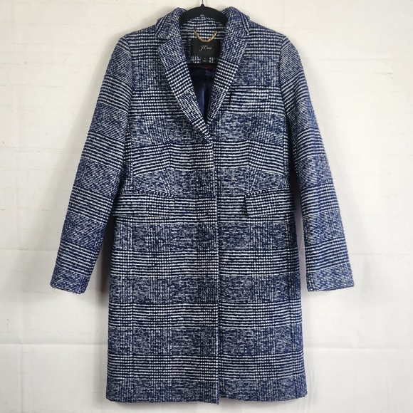 J.Crew Classic Preppy Winter Wool Blend Tailored Topcoat Navy Blue Plaid 2 - Picture 2 of 16